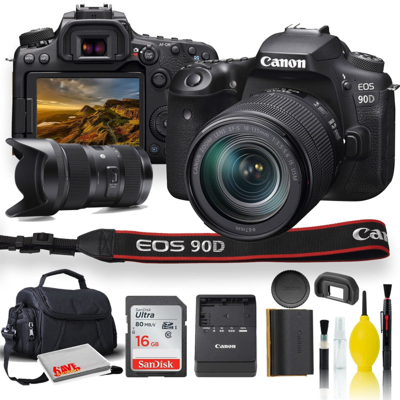 Canon EOS 90D DSLR Camera with 18-135mm Lens, Sigma 18-35mm Lens, Soft Padded Case, Memory Card, and More (International Model)