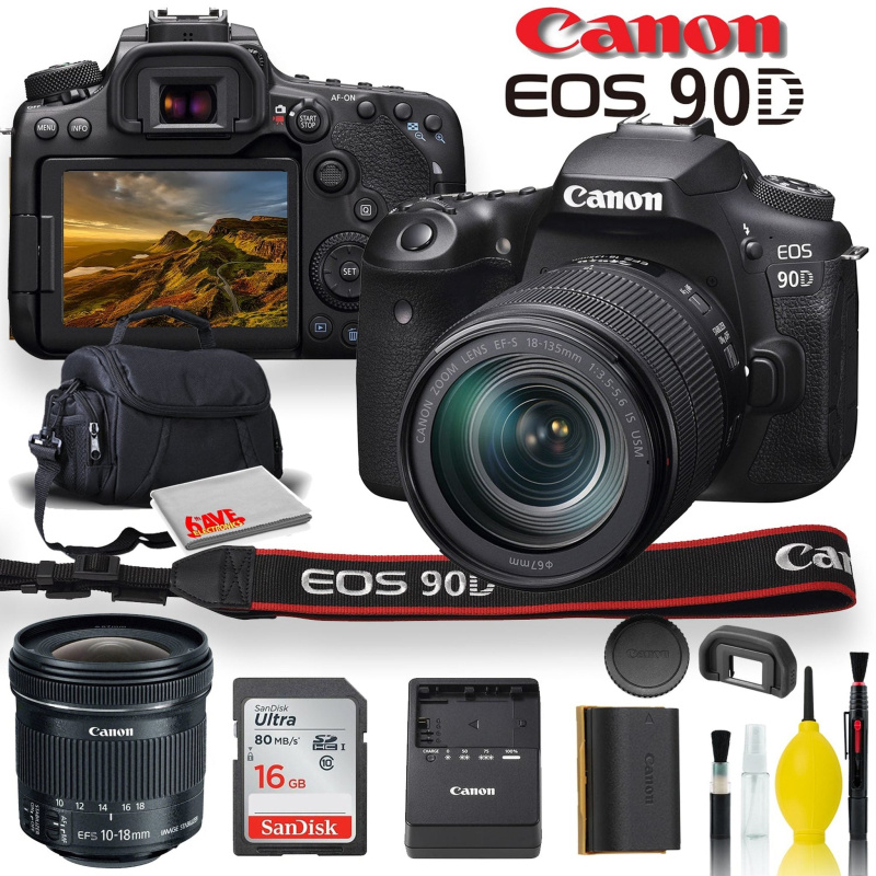 Canon EOS 90D DSLR Camera With 18-135mm Lens, Canon EF-S 10-18mm f/4.5-5.6 IS STM Lens, Soft Padded Case, Memory Card, and More (International Model)