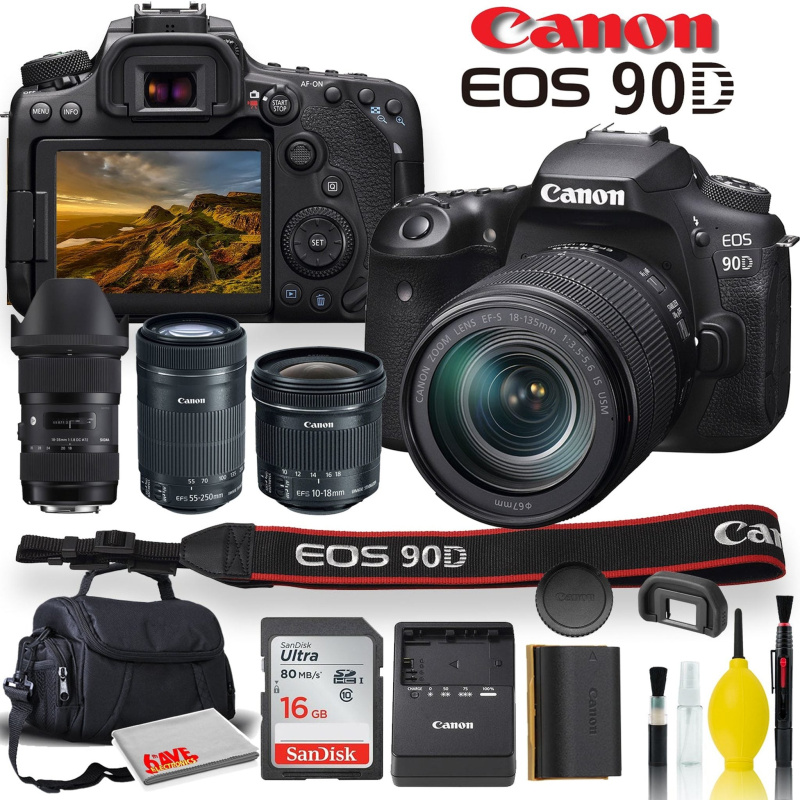 Canon EOS 90D DSLR Camera With 18-135mm Lens, Sigma 18-35mm, Canon EF-S 55-250mm, Canon EF-S 10-18mm, Soft Padded Case, Memory Card, and More - Triple