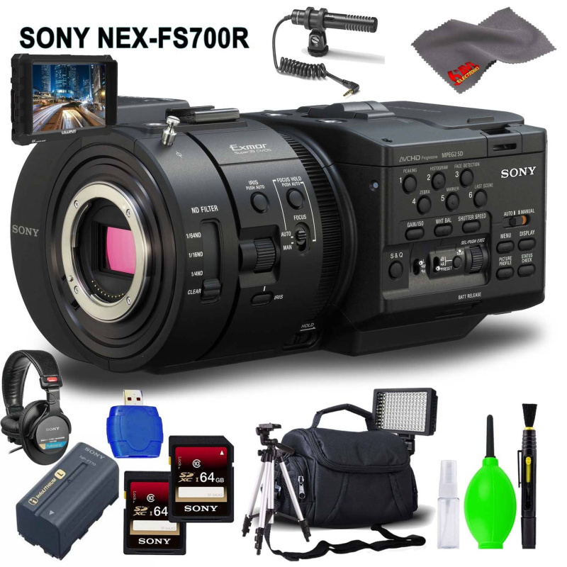 Sony NEX-FS700R Super 35 Camcorder (Body Only) Accessory Bundle with Memory Card Kit, Carrying Case, 7" Monitor, Condenser Mic, Stereo Headphones Bund