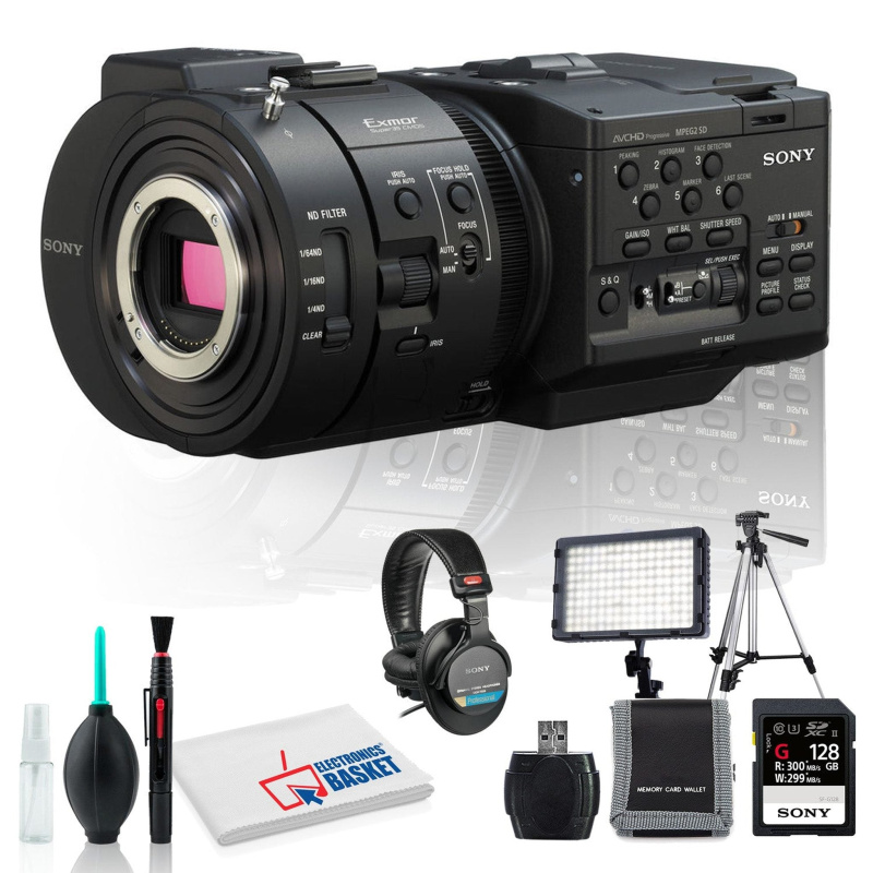 Sony NEX-FS700R Camcorder with Microfiber Cloth, Lens Cleaning Kit, 128GB Memory Kit, Tripod, LED Video Light