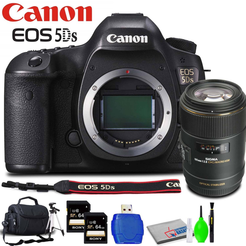 Canon EOS 5DS DSLR Camera (Body Only) Accessory Bundle with Sigma 105mm f/2.8 Lens, Memory Card Kit, Carrying Case (International Model)