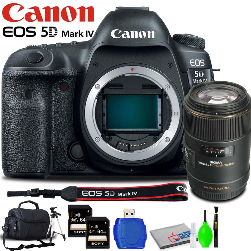 Canon EOS 5D Mark IV DSLR Camera (Body Only) Accessory Bundle with Sigma 105mm f/2.8 Lens, Memory Card Kit, Carrying Case (International Model)