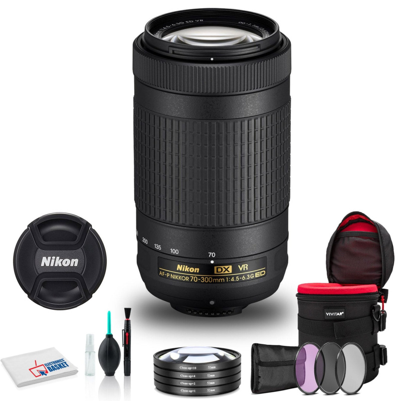Nikon AF-P DX NIKKOR 70-300mm f/4.5-6.3G ED VR Lens (INTL Model) with Cleaning Kit, Filter Kit, Padded Lens Case, and More