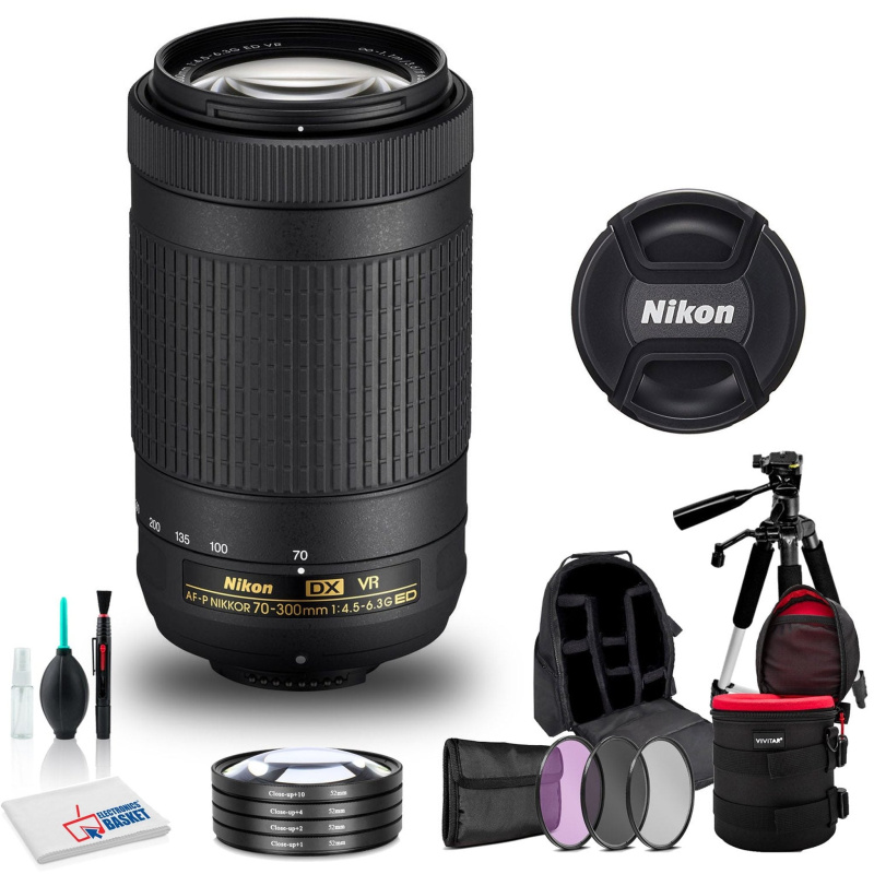 Nikon AF-P DX NIKKOR 70-300mm f/4.5-6.3G ED VR Lens (INTL Model) with Cleaning Kit, Tripod, Backpack, and More
