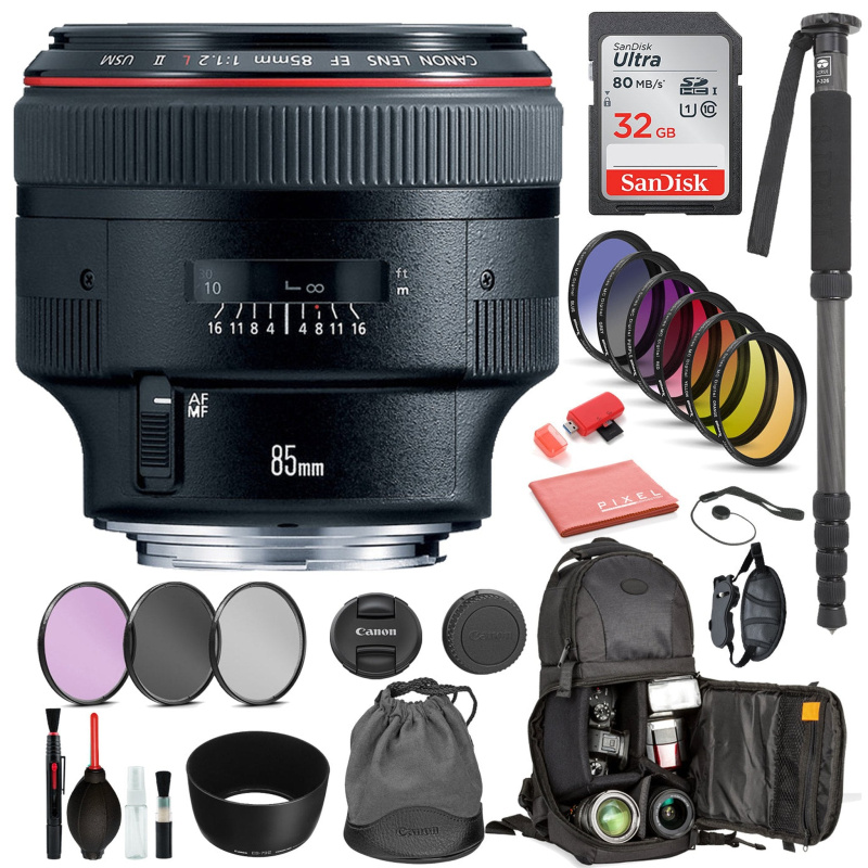Canon EF 85mm f/1.2L II USM Lens Includes: DSLR Sling Backpack , 9PC filter Kit, Sandisk 32GB SD + More (International Model)