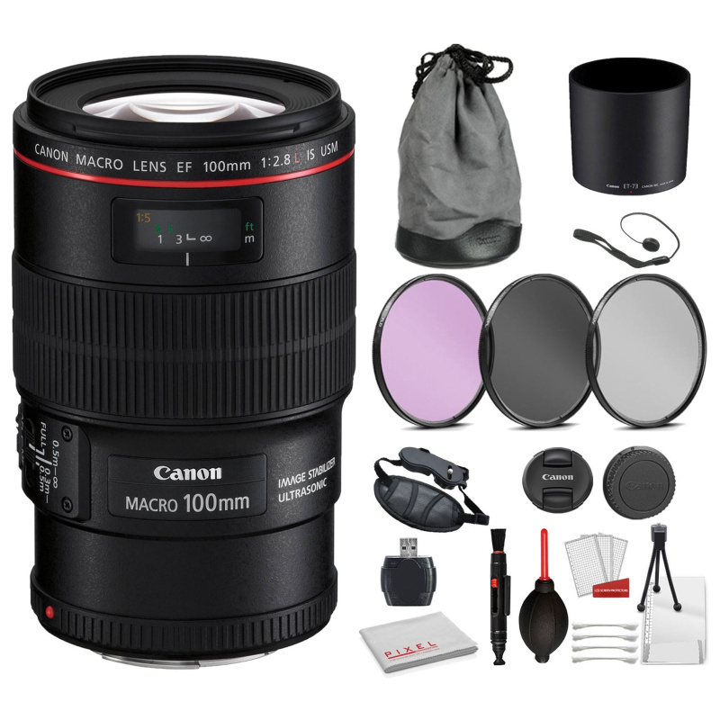 Canon EF 100mm f/2.8L Macro IS USM Lens (3554B002) Bundle  Includes: 3PC Filter Kit, Pro Camera Hand Strap + More (International Model)
