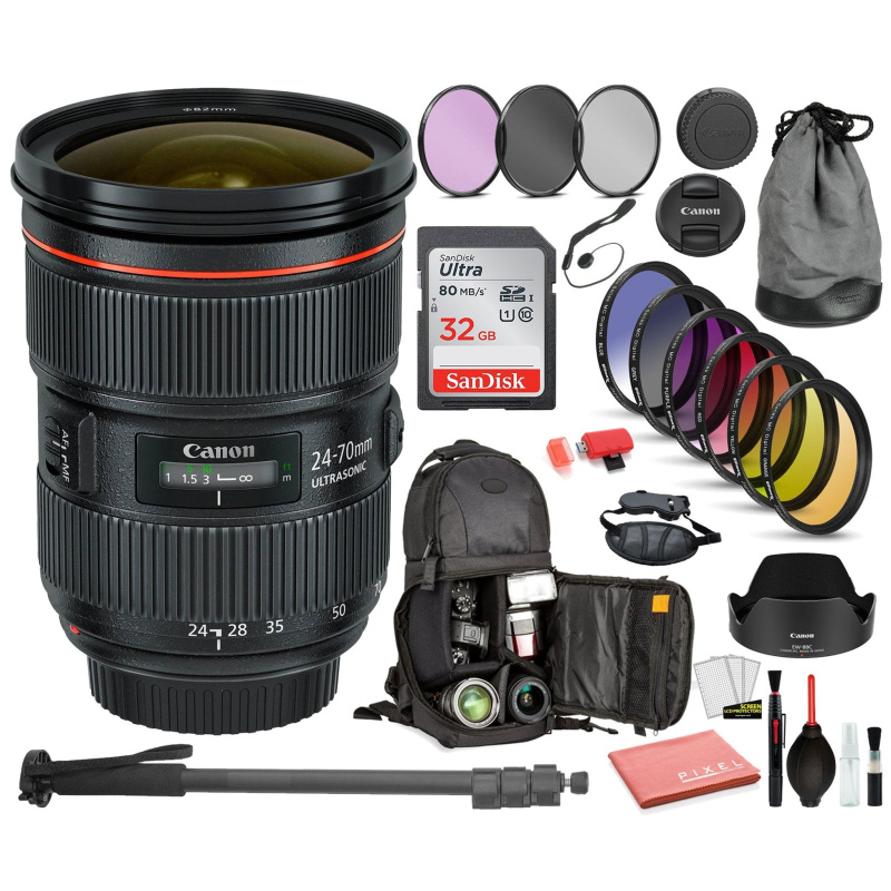 Canon EF 24-70mm f/2.8L II USM Lens (5175B002) Includes: DSLR Sling Backpack, 9PC Filter Kit, Sandisk 64GB SD + More (International Model)