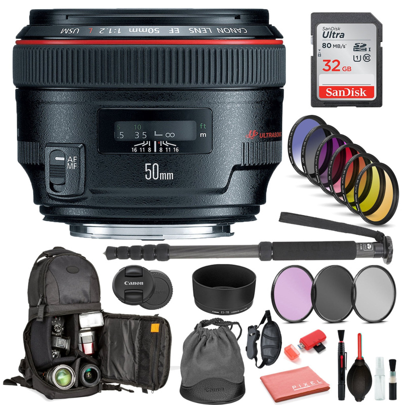 Canon EF 50mm f/1.2L USM Lens  (1257B002) Includes: DSLR Sling Backpack, 9PC Filter Kit, Sandisk 32GB SD + More (International Model)