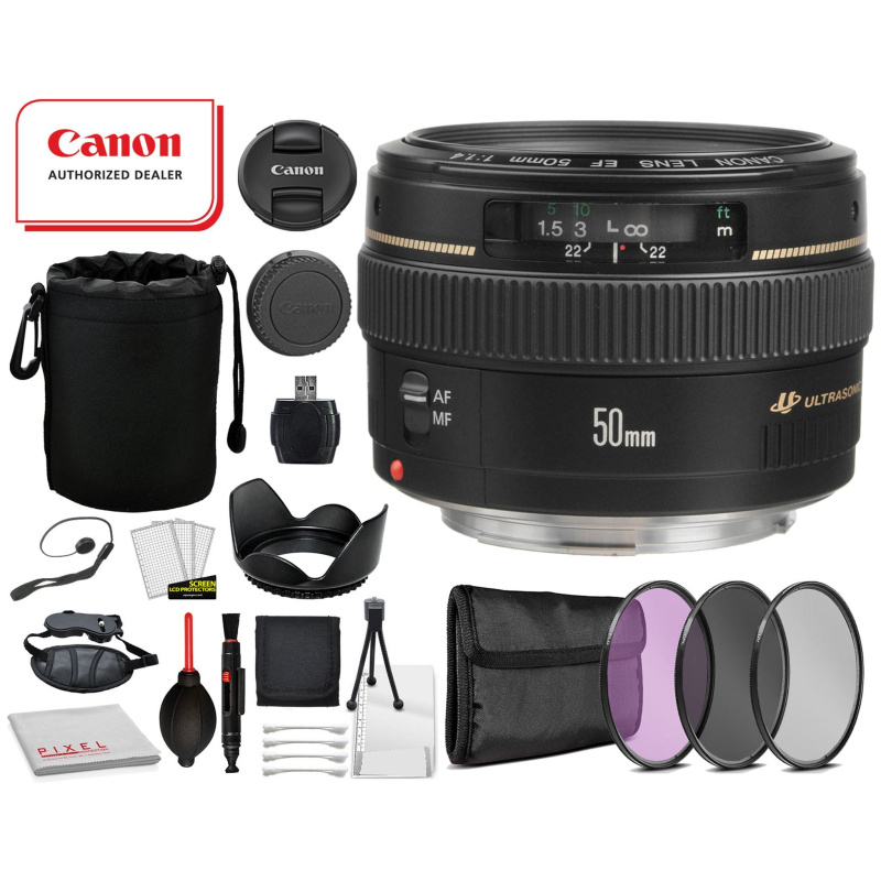 Canon EF 50mm f/1.4 USM Lens  (2515A003) Includes: Tulip Lens Hood, 3PC filter Kit, Lens Pouch + More (International Model)