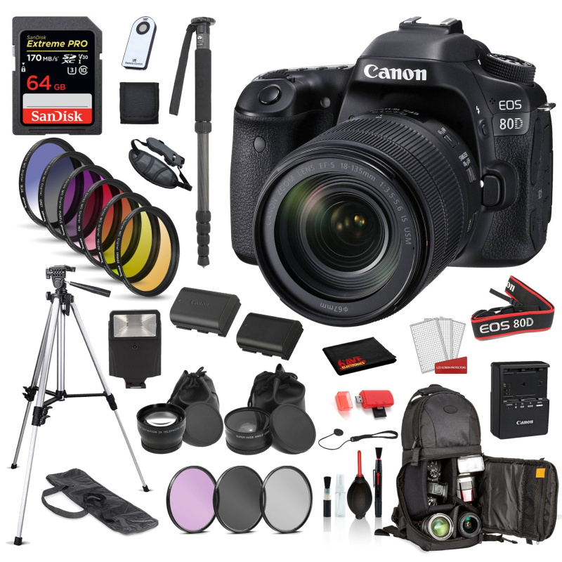 Canon EOS 80D DSLR Camera with 18-135mm Lens with  ?SanDisk Extreme Pro 64gb SD + Extra Battery for LPE6 + MORE (International Model)
