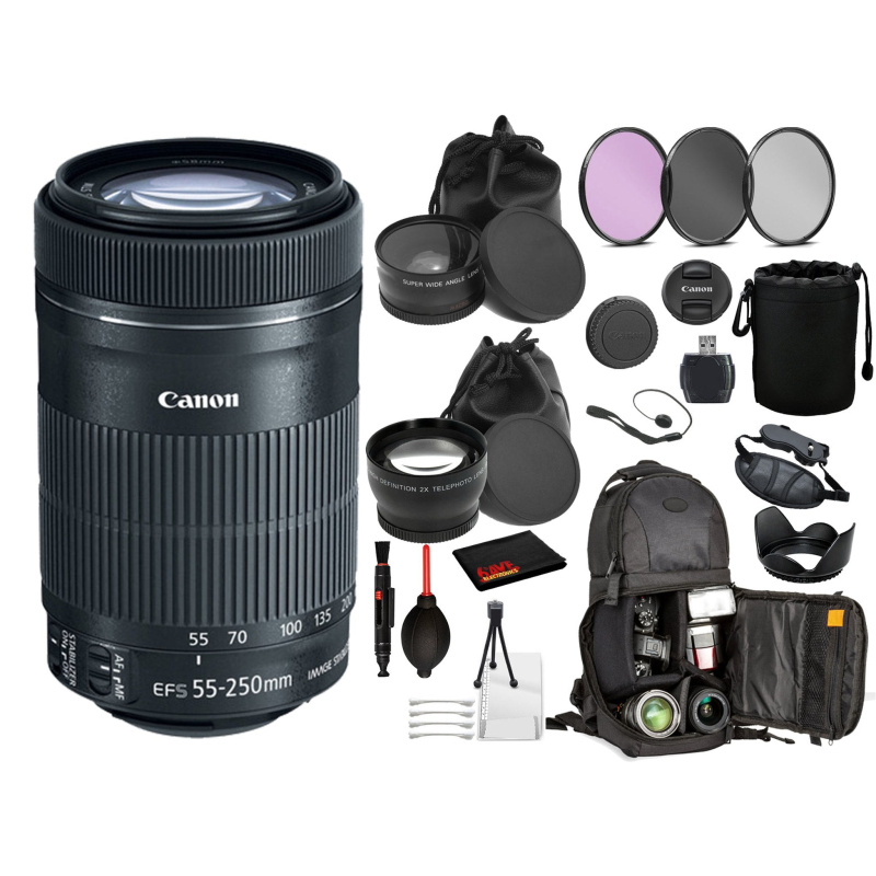 Canon EF-S 55-250mm f/4-5.6 IS STM Lens (8546B002) Lens with Bundle includes- 3pc Filters + DSLR Sling Backpack + More (International Model)