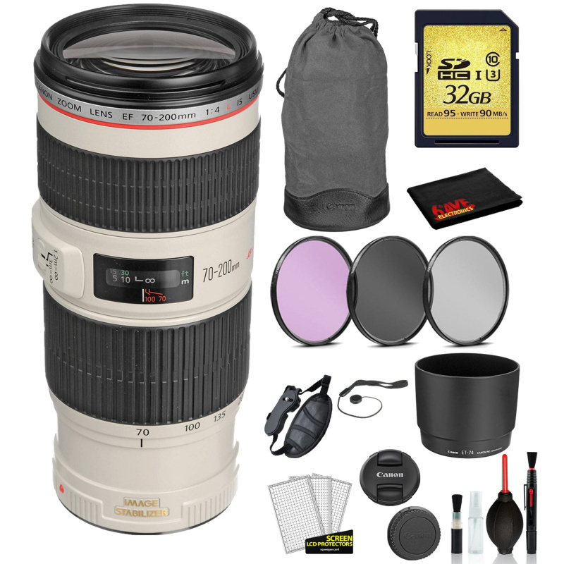 Canon EF 70-200mm f/4L IS USM Lens  (1258B002) Lens with Bundle includes- 3pc Filter Kit + 32GB SD Card + More (International Model)