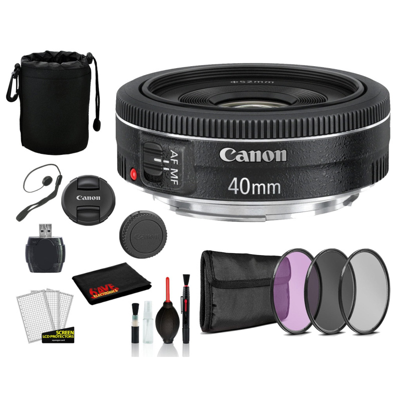 Canon EF 40mm f/2.8 STM Lens (6310B002) Lens with Bundle includes 3pc Filter Kit  + Lens Pouch + More (International Model)