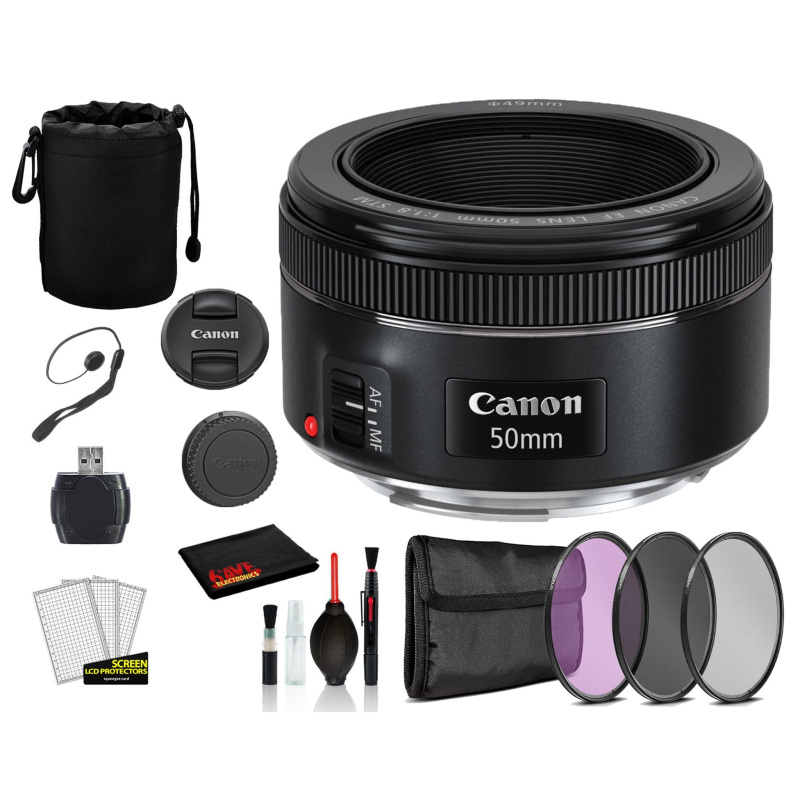 Canon EF 50mm f/1.8 STM Lens (0570C002) Lens with Bundle  includes 3pc Filter Kit  + Lens Pouch + More (International Model)