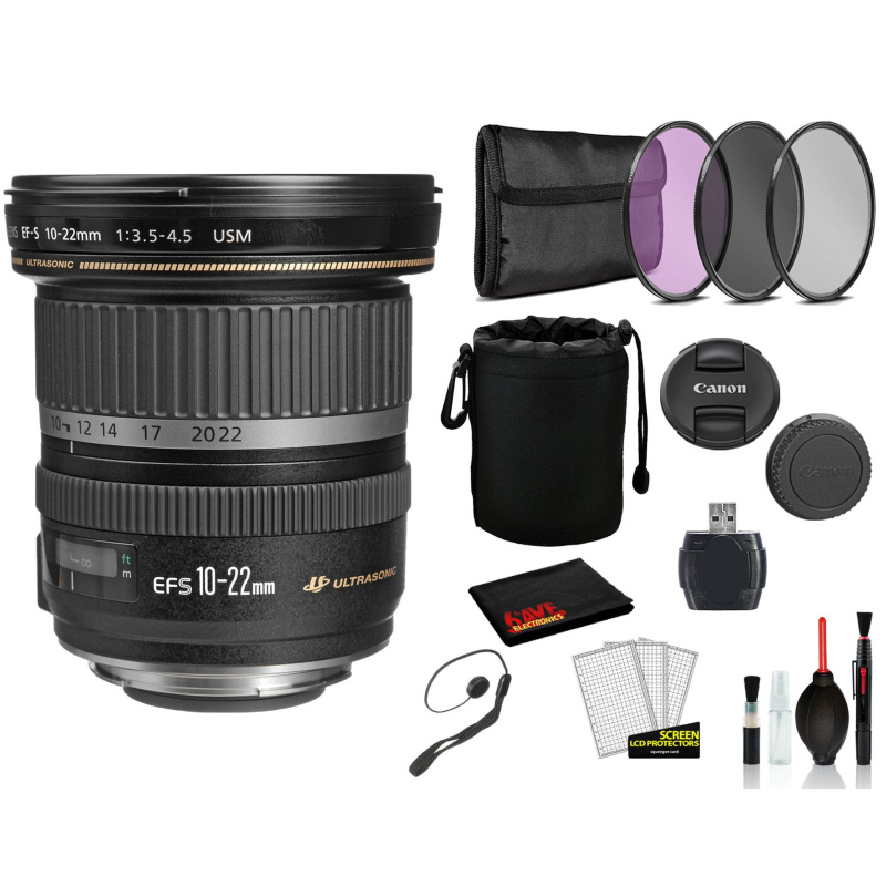 Canon EF-S 10-22mm f/3.5-4.5 USM (9518A002) Lens with Bundle includes 3pc Filter Kit  + Lens Pouch + More (International Model)