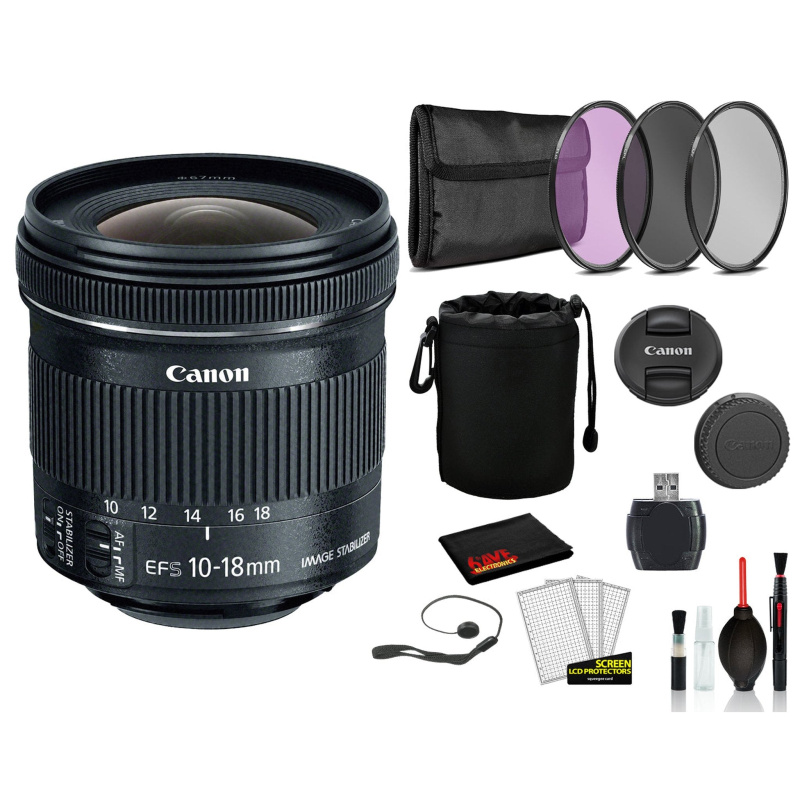 Canon EF-S 10-18mm f/4.5-5.6 IS STM Lens (9519B002) Lens with Bundle includes 3pc Filter Kit + Lens Pouch + More (International Model)