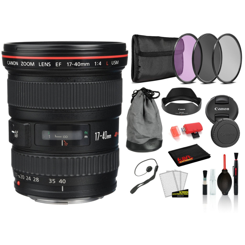 Canon EF 17-40mm f/4L USM Lens (8806A002) Lens with Bundle includes 3pc Filter Kit) + Deluxe Lens Cleaning Kit + More (International Model)