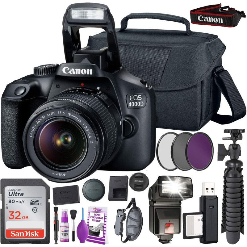 Canon EOS 4000D  DSLR Camera and EF-S 18-55 mm f/3.5-5.6 Lens (International Version) (No Warranty) + 32GB Memory Card + Camera Bag + MiniTripod (Inte