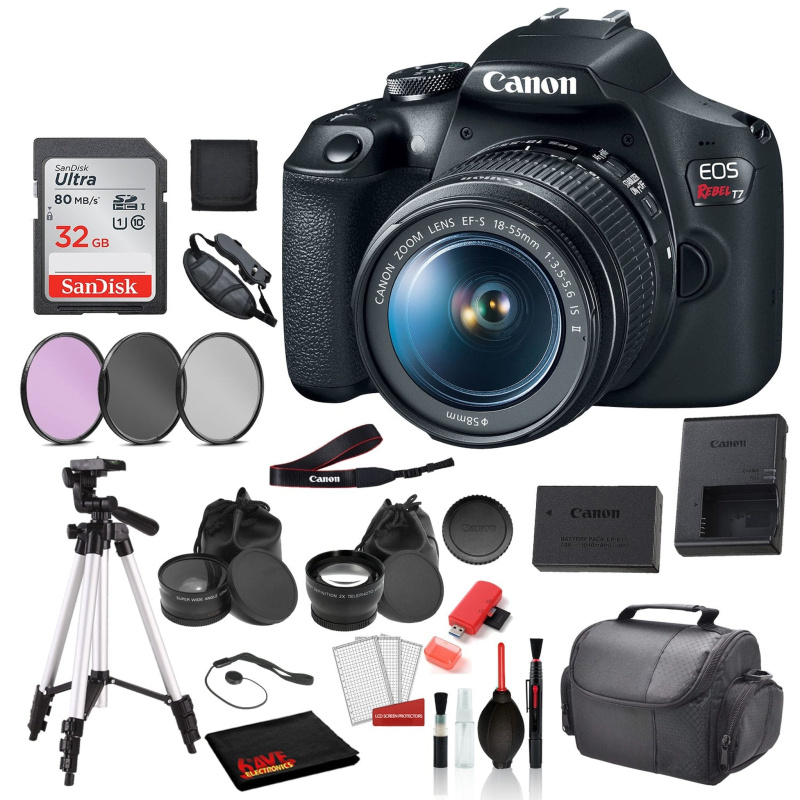 Canon EOS Rebel T7 Digital SLR Camera with 18-55mm Lens SanDisk 32gb SD + 3PC Filter Kit + 57 Tripod + MORE (International Model)