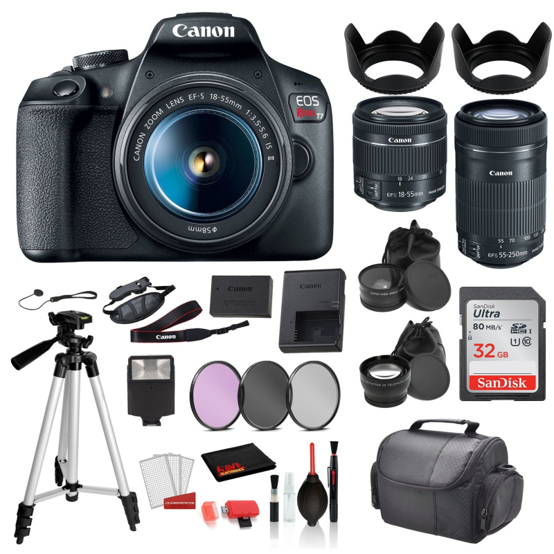 Canon EOS Rebel T7 Digital SLR Camera with 18-55mm Lens and EF-S 55-250mm SanDisk 32gb SD + 3PC Filter  + MORE (International Model)