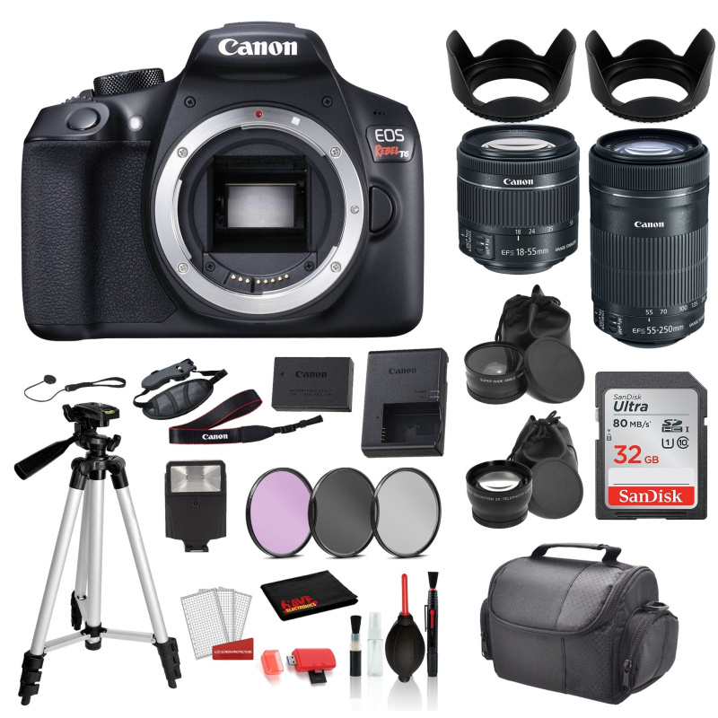 Canon EOS Rebel T6 Digital SLR Camera with 18-55mm Lens and EF-S 55-250mm Lens    SanDisk 32gb SD + 3PC Filter Kit + MORE (International Model)