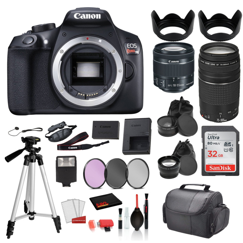 Canon EOS Rebel T6 Digital SLR Camera WITH 18-55mm Lens +EF 75-300mm Lens   SanDisk 32gb SD Card + 3PC Filter Kit + MORE (International Model)