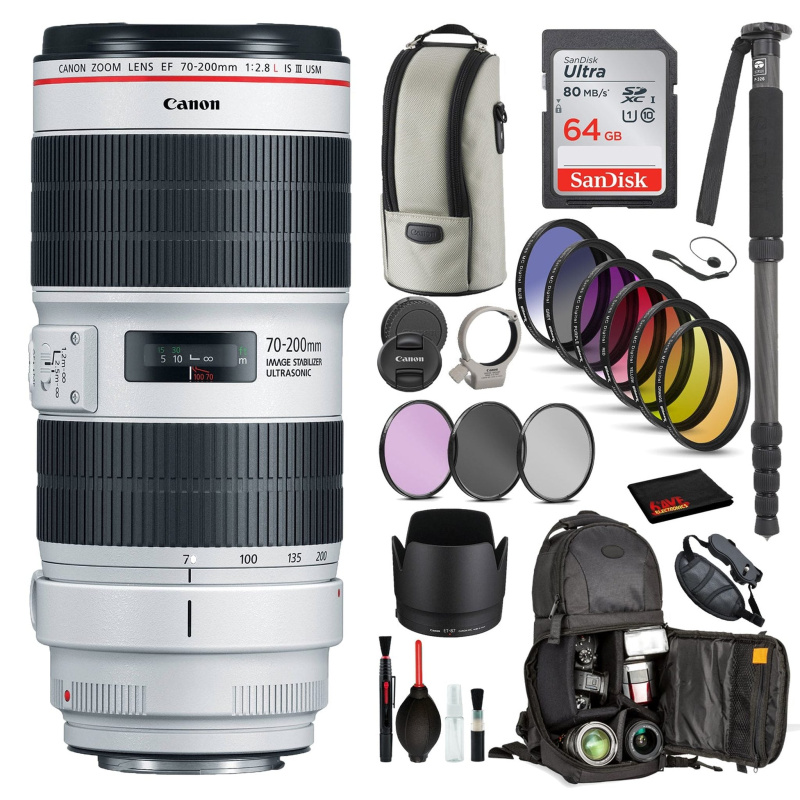 Canon EF 70-200mm f/2.8L IS III USM Lens (3044C002) with Bundle Includes:  9PC Filter Kit, Sandisk 64GB SD + More (International Model)