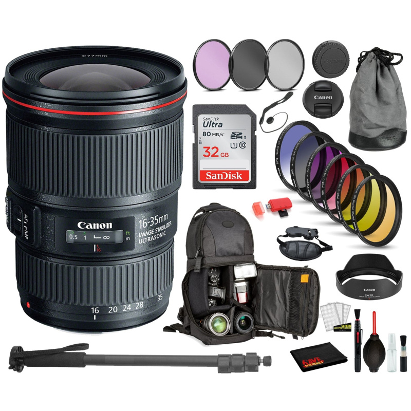 Canon EF 16-35mm f/4L IS USM Lens (9518B002) with Bundle  Includes:  9PC Filter Kit, Sandisk 32GB SD + More (International Model)