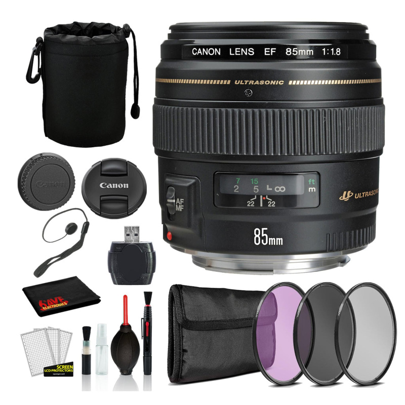 Canon EF 85mm f/1.8 USM Lens (2519A003) Lens with Bundle  includes 3pc Filter Kit (UV, CPL, FLD) + Lens Pouch + More (International Model)
