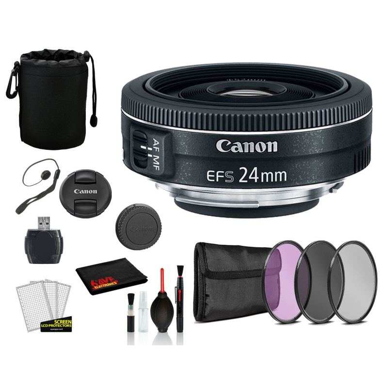 Canon EF-S 24mm f/2.8 STM Lens  (9522B002) Lens with Bundle  includes 3pc Filter Kit (UV, CPL, FLD) + Lens Pouch + More (International Model)