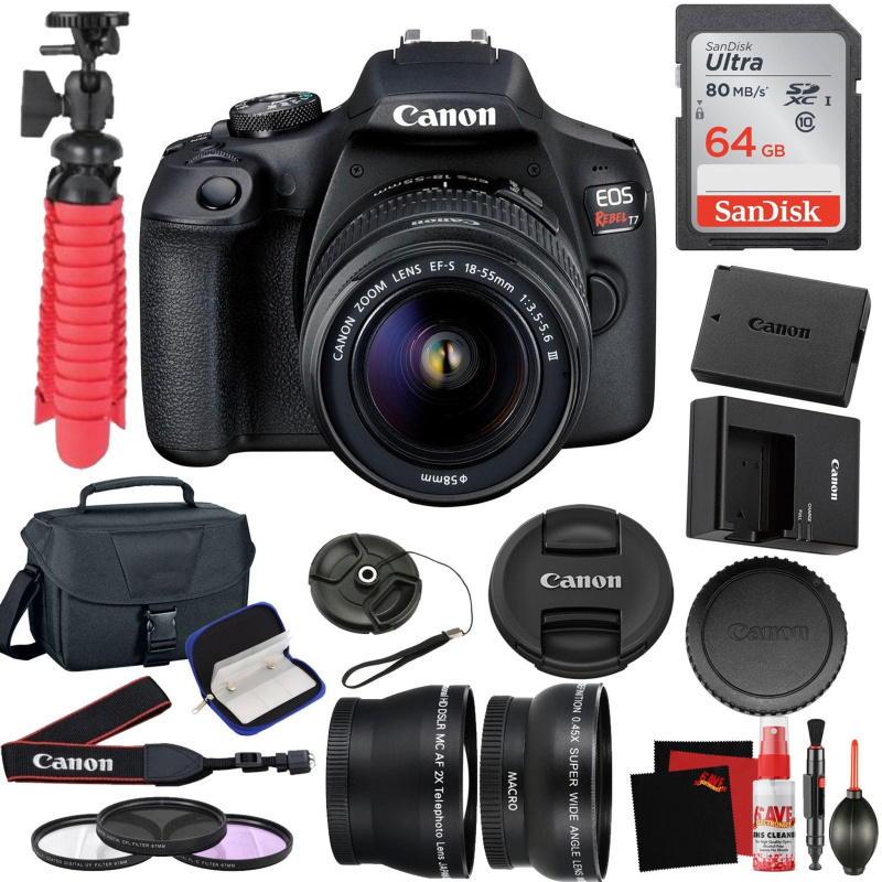 Canon EOS Rebel T7 DSLR Camera with 18-55mm DC III Lens and 64GB Memory Card, Carrying Case, Filters, and More Accessories (International Model)