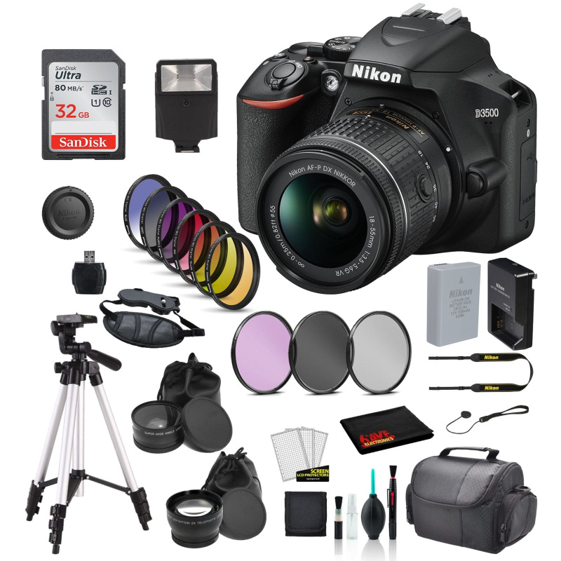 Nikon D3500 DSLR Camera with AF-P 18-55mm VR Lens Bundle SanDisk 32GB SD Card + 9PC Filter + MORE - International