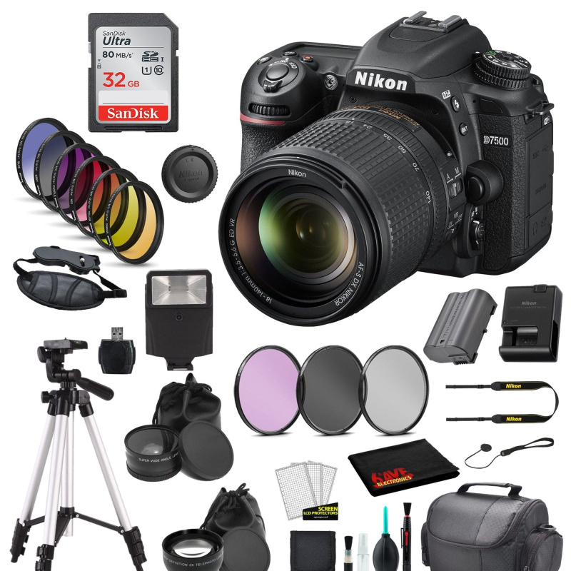 Nikon D7500 DSLR Camera with 18-140mm Lens Bundle   Includes SanDisk 32GB SD Card + 9PC Filter + MORE - International