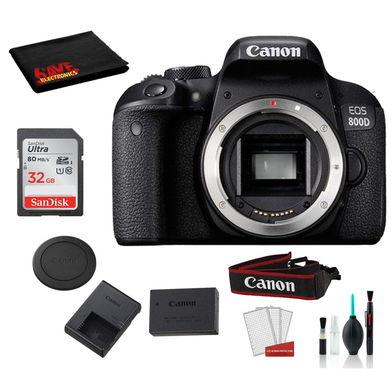 Canon EOS 800D (Rebel T7i) Body Only Kit Bundle  SanDisk 32gb SD Card + Deluxe DSLR Cleaning Kit + MORE - International (International Model)
