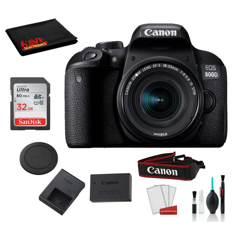 Canon EOS 800D (Rebel T7i) 18-55mm IS STM Lens Bundle SanDisk 32gb SD Card + Cleaning Kit + MORE - International (International Model)