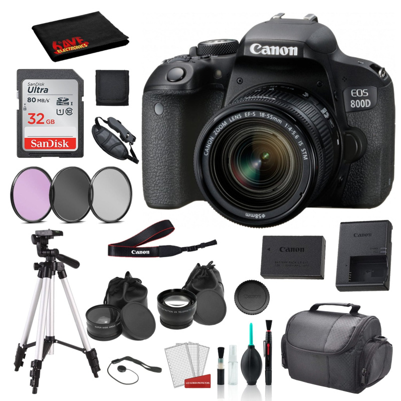 Canon EOS 800D (Rebel T7i) 18-55mm IS STM Lens  Bundle SanDisk 32gb SD Card + 3PC Filter Kit + MORE - International (International Model)