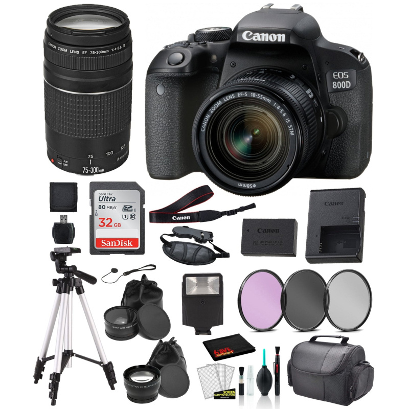 Canon EOS 800D (Rebel T7i) 18-55mm IS STM and EF 73-300mm Lens Bundle SanDisk 32gb + Filters + MORE - International (International Model)