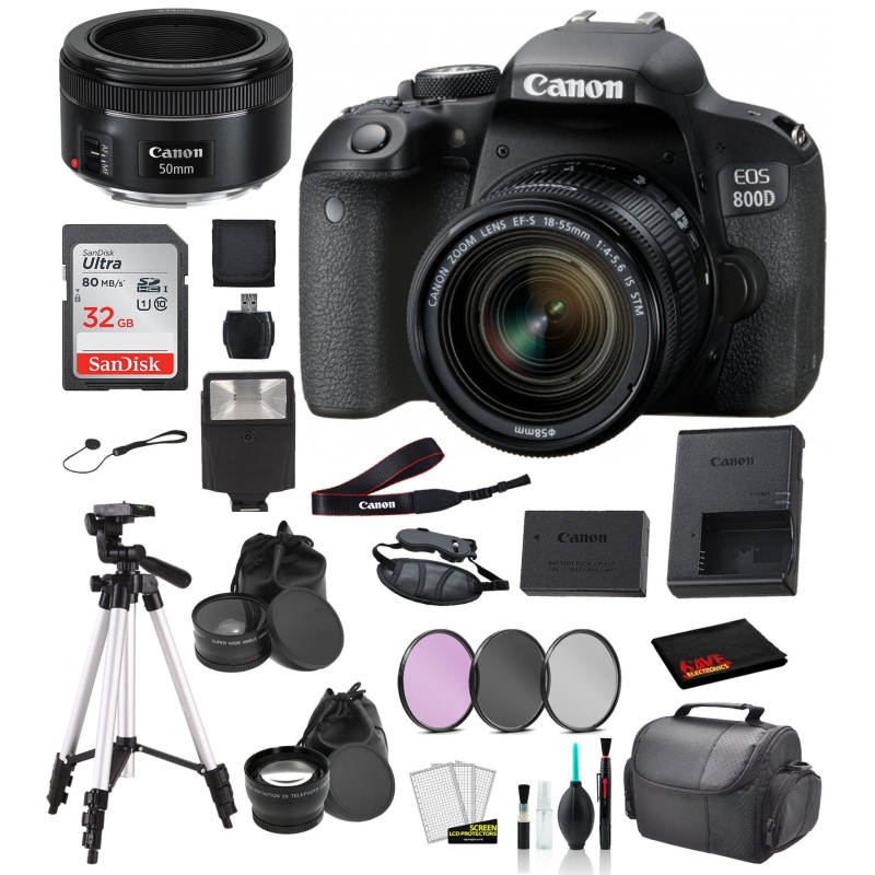 Canon EOS 800D (Rebel T7i) 18-55mm IS STM and EF 50mm f/1.8 STM Lens Bundle + SanDisk 32gb + Filters - International (International Model)