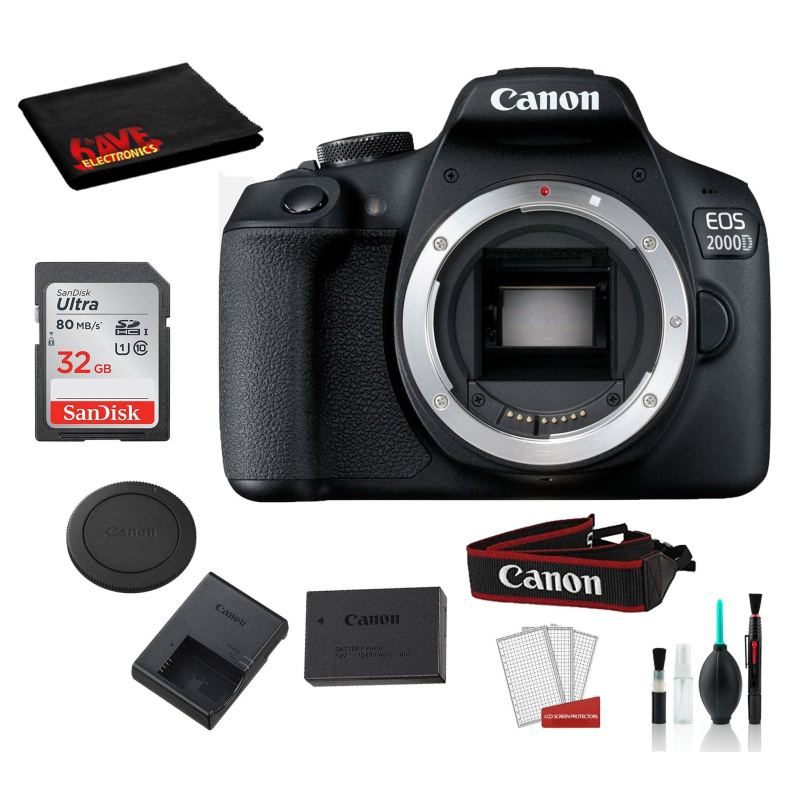 Canon EOS 2000D  Body Only Kit Bundle + SanDisk 32gb SD Card + DSLR Cleaning Kit + MORE - International (International Model)