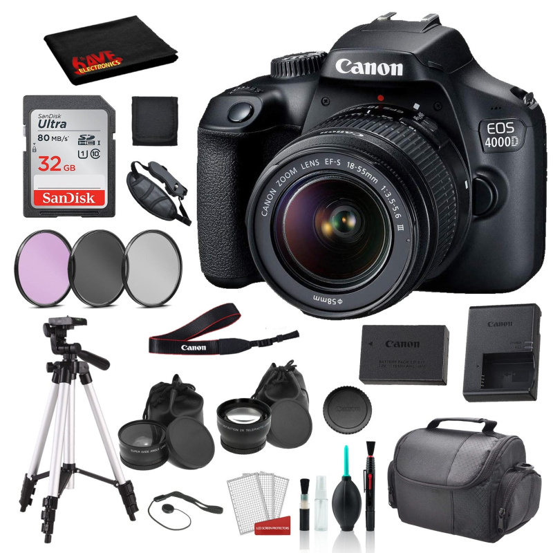 Canon EOS 4000D (Rebel T100) EF-S 18-55mm Lens Bundle, SanDisk 32gb SD Card + 3PC Filter Kit + MORE - International (International Model)