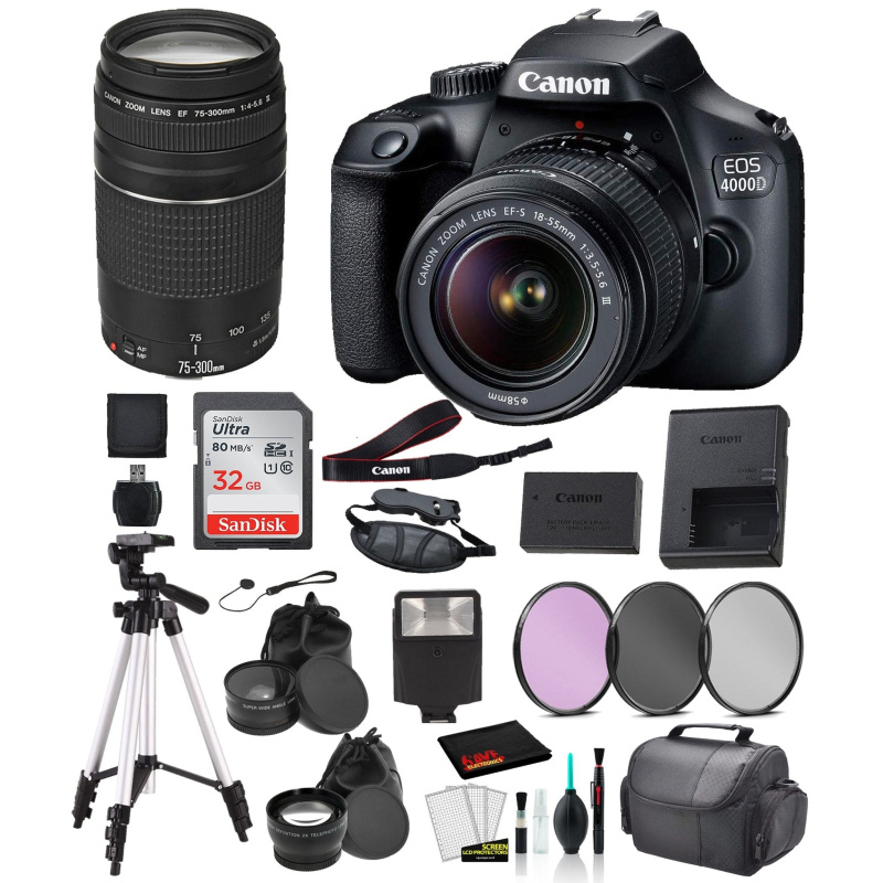 Canon EOS 4000D EF-S 18-55mm and EF 73-300mm Lens Bundle SanDisk 32gb + Filters + MORE - International (International Model)