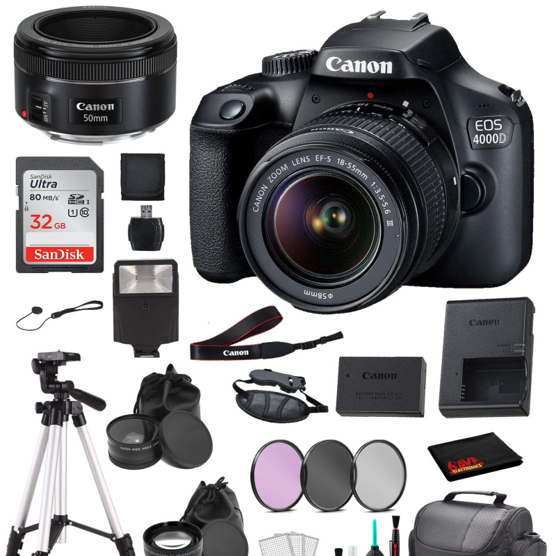 Canon EOS 4000D (Rebel T100) EF-S 18-55mm and EF 50mm f/1.8 STM Lens Bundle SanDisk 32gb  + Filters + - International (International Model)