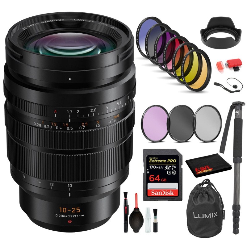 Panasonic Leica DG Vario-Summilux 10-25mm f/1.7 ASPH. Lens with: Sandisk Extreme Pro 64GB SD Card, 9PC Filter Kit + More
