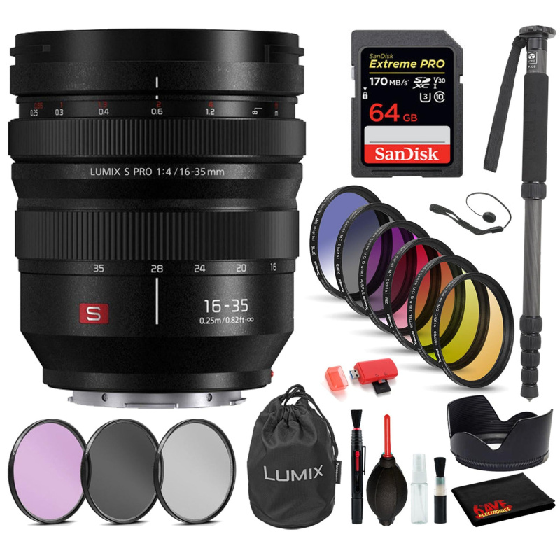 Panasonic Lumix S PRO 16-35mm f/4 Lens with: Sandisk Extreme Pro 64GB SD Card, 9PC Filter Kit + More