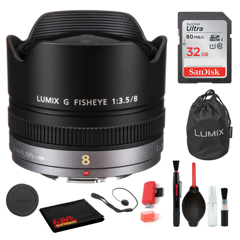 Panasonic Lumix G Fisheye 8mm f/3.5 Lens with Bundle: Sandisk 32gb SD Card, Deluxe Lens Cleaning Kit + More