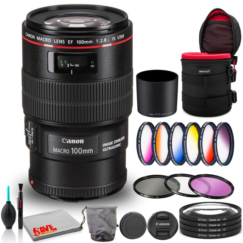 Canon EF 100mm f/2.8L Macro IS USM Lens Bundle with Cleaning Kit, Filter Kits, and Padded Lens Case (Intl Model) (International Model)