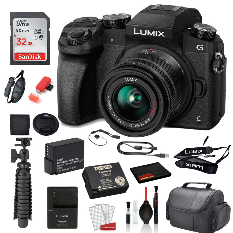 Panasonic Lumix DMC-G7 Mirrorless Micro Four Thirds with 14-42mm Lens (Black) with SanDisk 32gb SD card  + MORE