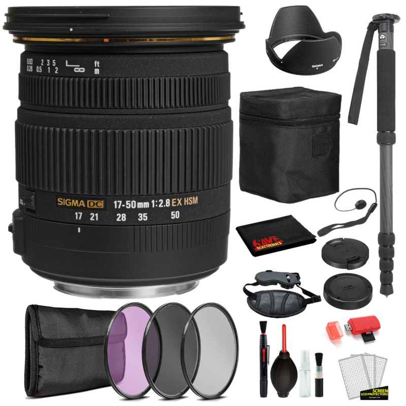 Sigma 17-50mm f/2.8 EX DC OS HSM Lens for Canon EF with Bundle Includes: Pro Series Monopod, 3PC Filter Kit + More (International Model)