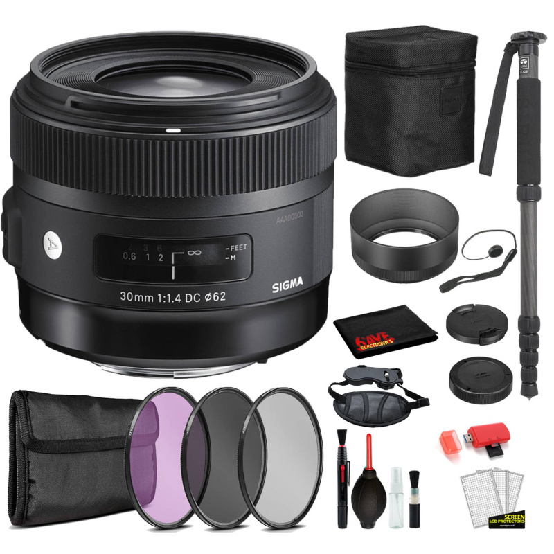 Sigma 30mm f/1.4 DC HSM Art Lens for Canon EF with Bundle Includes: Pro Series Monopod, 3PC Filter Kit + More (International Model)
